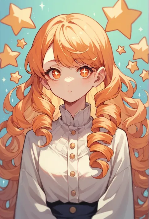 An anime woman with stars for pupils, orange eyes and hair, long hair with curls in the back