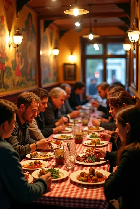 Inside of a hungarian restaurant called Palacsintázó, with people eating their foods