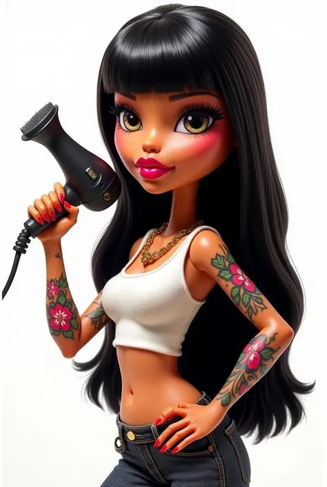 Tan-skinned Bratz girl with tattoos on her arms. Thick red lips, black almond-shaped eyes with lots of big eyelashes and a mole on her right cheek. Long straight black shiny hair. Profile view looking forward with white background and in her hand she has a...