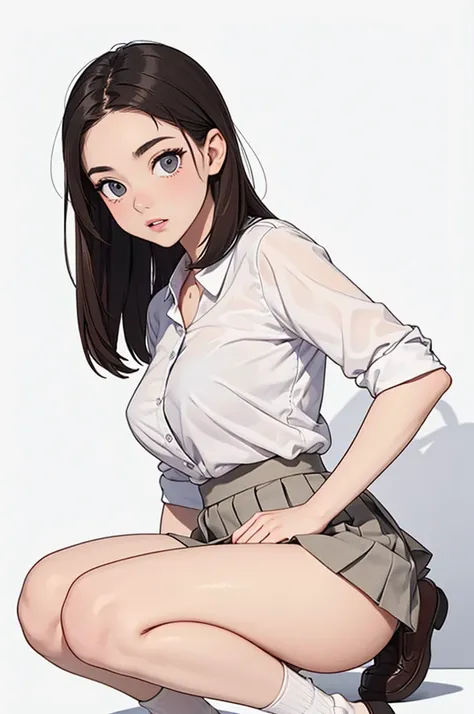 (((masterpiece, best quality, ultra highres, 1 girl, solo, white background))), super detailed skin and face and eyes and finger, cute japanese woman, small breasts, skinny, light brown hair, very short pixie hair, knee shot, white background, 2D anime, bo...