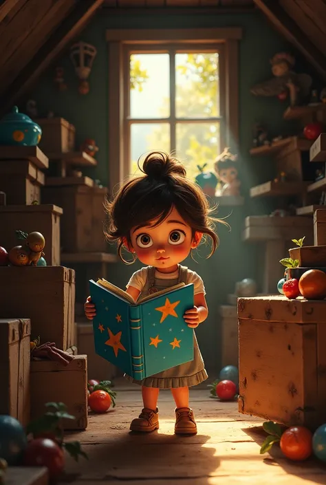 Lúcia, a curious and energetic girl, exploring the attic of her house
grandmother. Show old boxes, forgotten toys and a slightly dusty environment. The attic should have soft lighting that highlights the old blue notebook covered in
dust with a bright cove...