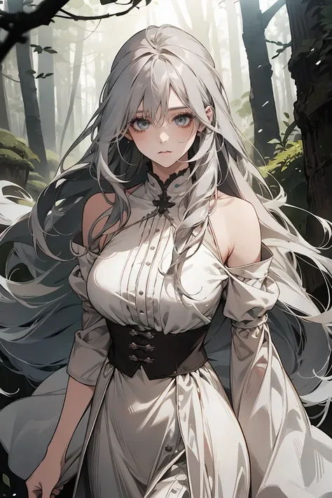 A woman, woman is gray long hair, big breast, wearing white long simple dress, in forest