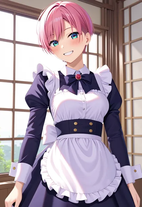 (Highest quality, 4K, 8k, High resolution, masterpiece:1.2), Very detailed, Picturesque, Anime style photo, Photo Anime:1.37)、Sultry warehouse、Japanese、Pink hair pixie cut、smile、Maid clothes、whole body、Nakano Ichika