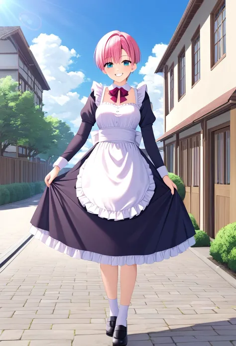 (Highest quality, 4K, 8k, High resolution, masterpiece:1.2), Very detailed, Picturesque, Anime style photo, Photo Anime:1.37)、Sultry warehouse、Japanese、Pink hair pixie cut、smile、Maid clothes、whole body、Nakano Ichika