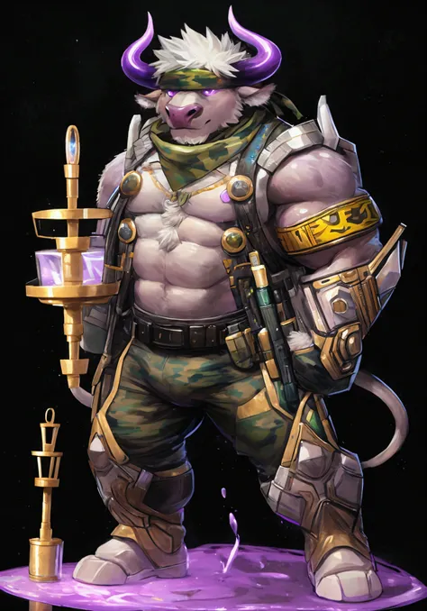 the image shows a muscular, furry, anthropomorphic bull in military fatigues holding a large, golden syringe. the bull has purpl...