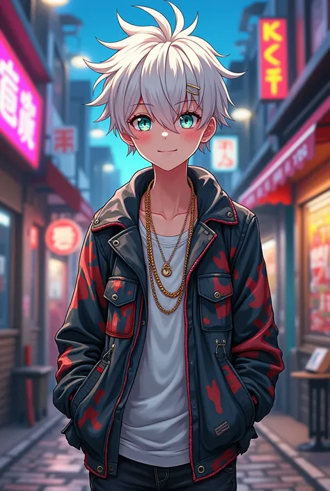 **Im a skinny 16-year-old gay anime boy,with provocative clothing,with freckles and strangely white hair, heterochromia and a very innocent attitude*