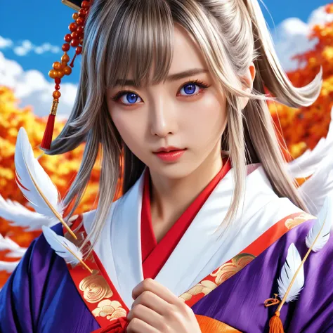 a man, tengu, onmyoji, bird's beak, shaggy gray hair, white feathers, long wings, purple pupils, wearing a kimono, japanese styl...