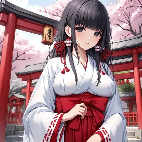 quiet、a 35-year-old mother, milf, long black hair down her back、black eye、shrine maiden costume, clothed, a shrine where cherry ...