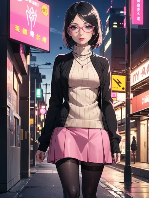 (1girl, solo, alone), (WakatsukiRisa, Sarada Uchiha, black hair, short hair, black eyes, red glasses), ((solo, (1woman, pink lipstick, (small breasts)), Extremely detailed, ambient soft lighting, 4k, perfect eyes, a perfect face, perfect lighting, a 1girl)...