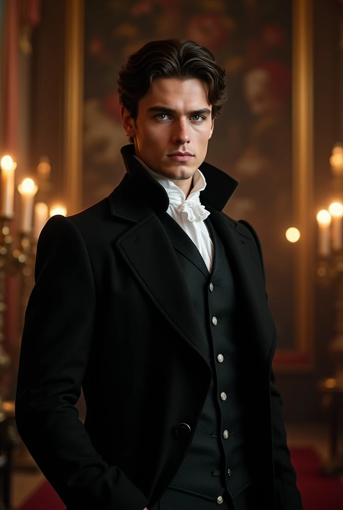 Men, short dark brown hair, 24 years, right hand of a duke, victorien style, from the 1721, comes from Wales, green eyes, vampire atmosphere, human, has black clothes, novel, character design, hot guy, protagonist, strong