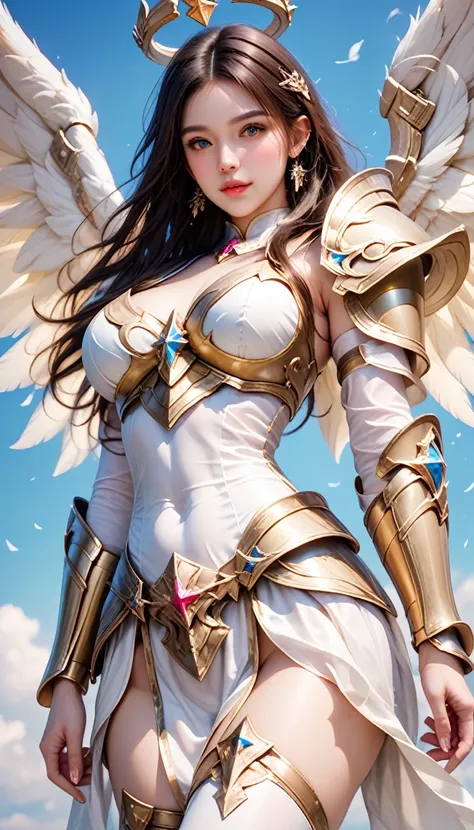 score_9, score_8_up, score_7_up,  masterpiece, ultra detailed, 1 female, realistic,ntmix,solo, angel cosplay,golden armor