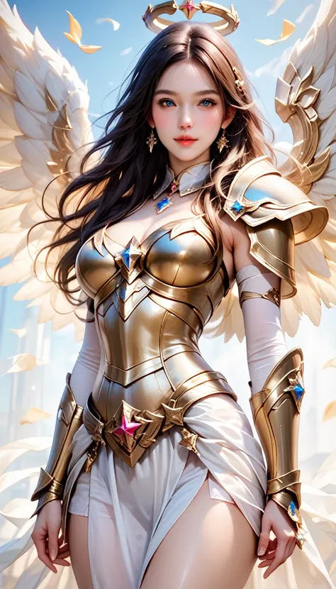 score_9, score_8_up, score_7_up,  masterpiece, ultra detailed, 1 female, realistic,ntmix,solo, angel cosplay,golden armor