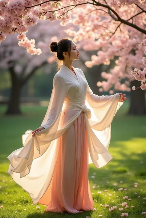 Hello wind blowing an Asian womans wrap around skirt into the air, feel the feng shui as the blossoms blow around my soul