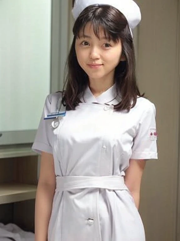 woman, alone, (Wearing white nurse clothes:1.2), bangs, Black Hair, nurse, Perfect Anatomy, nurse uniform, (Nurse cap), (White costume), Long skirt, hospital, Face close-up, 