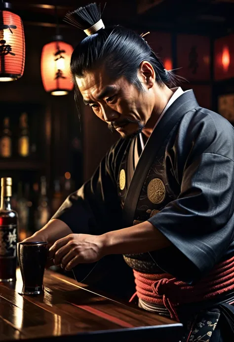 japanese samurai bartender, hyperrealistic, dim light
