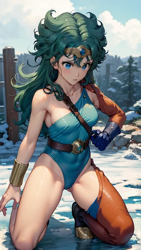 （（（ＳＦＷ、sound、Highest quality、Top notch work、Normal body、、Detailed face、Ultra-precision、Normal hand、のrefer、５refer、Highest）））、beautiful girl、Green Hair、yamato nadeshiko、Small breasts、Shortcuts、Blue leotard、Muscular、Red Cape、Circlet、Dragon Quest、Female Heroes...