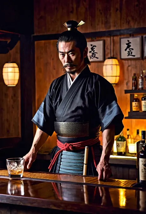 japanese samurai bartender, hyperrealistic, dim light
