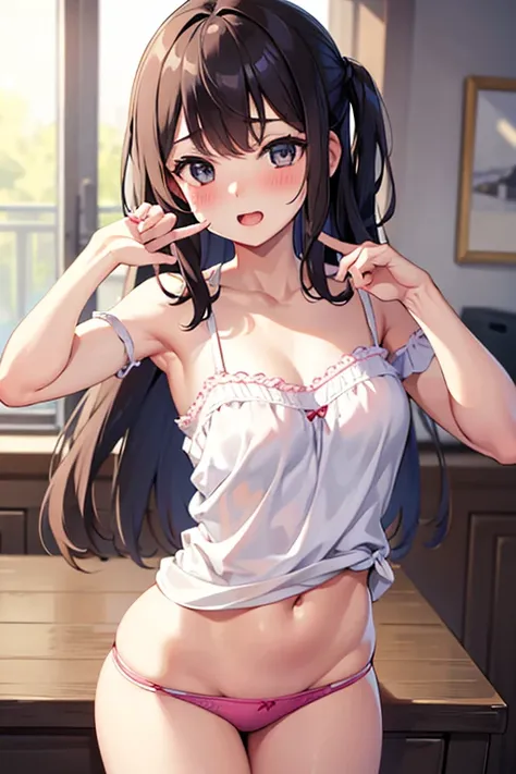 (work of art, best qualityer:1.2), 1 girl, cute pose, camisole, Off The Shoulder, Show panty, half open mouth, ssmile, blush, looking ahead at viewer 