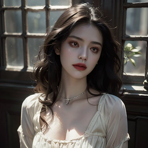 full body masterpiece, ultra realistic, 16k, high quality, incredibly detailed, dream aesthetic, dream atmosphere, cinematic, (sharp focus : 1.5), (photorealistic : 1.3) , A hyperrealistic young, very pale woman with long black hair and sad eyes, with a be...