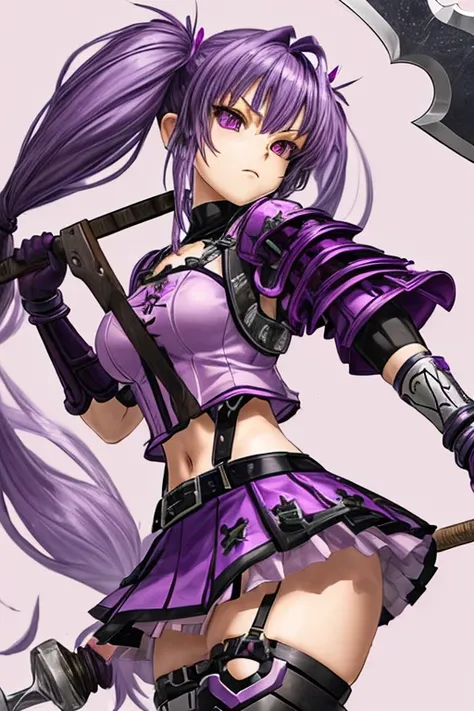 Purple hair, twintails, chestplate, miniskirt, female, large axe, bright, low angle