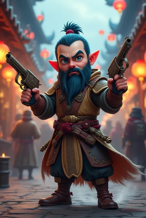 RPG, realistic half gnome, Cao Cao, 1,80 white, weighing 80 kg and thin blue eyes, with two pistols