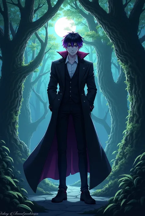 Boy with black hair and purple highlights, black eyes and white skin, that their facial features are a little strong, is a vampire, so he loves the forest. Hes an adult now.
Let it be in 2d or anime