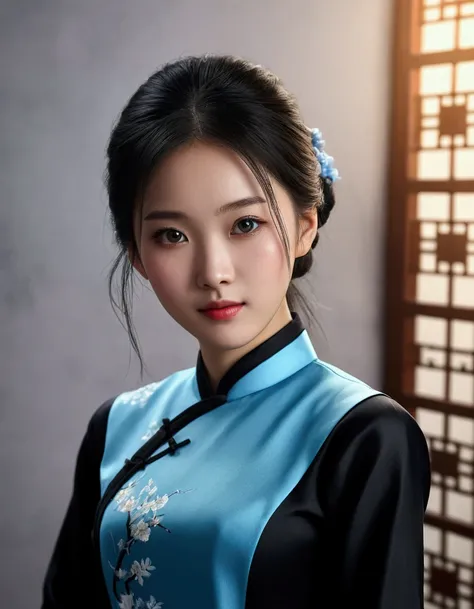 a girl, typical Chinese blue dress with long black sleeves, realistic face, 4k