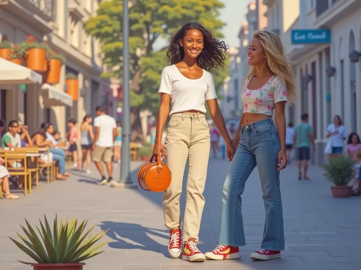 latina morena. casual clothes. In the city with a blonde girl. 