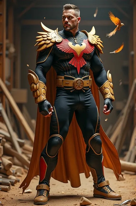 Superhero costume related to Cobra Kais falcon and with references to woodworking. 