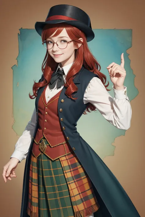 Character sheet for Sian, a young girl with shoulder-length red hair, glasses, and a joyful demeanour, dressed like Sherlock Holmes, Deerstalker Hat, Inverness Cape, Vest, skirt, 2d simple cartoon. Childrens book illustration, watercolour