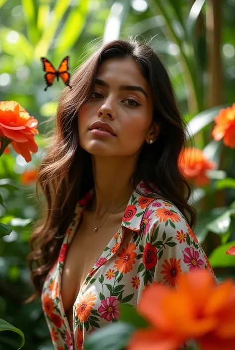 A Brazilian woman in a lush tropical garden, wearing an open shirt with a floral print, with a close-up capturing the harmonious beauty between her breasts and the natural flowers, showing off your natural charm and outgoing personality.