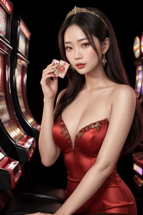 An elegant and realistic Asian woman wearing a red evening gown and playing slot machines.
