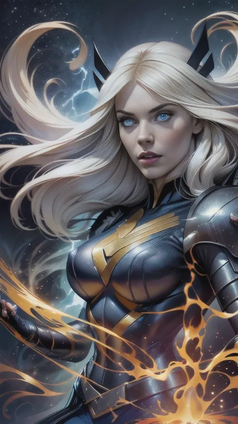 magik of x-men, illyana rasputin with long white hair, piercing blue eyes, wearing a low cut dark blue uniform with gold trim, h...