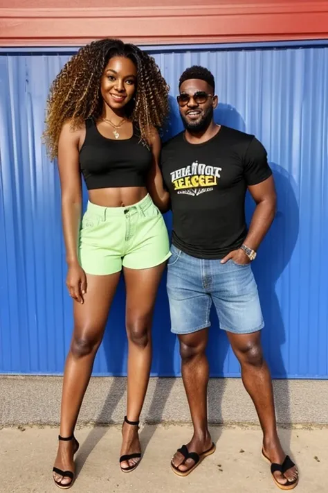 A very tall african american girl with long curly hair, crop top, and shorts and open toe wegdes stands next to her husband. The husband is way shoter than her wife. She is a tall girl



