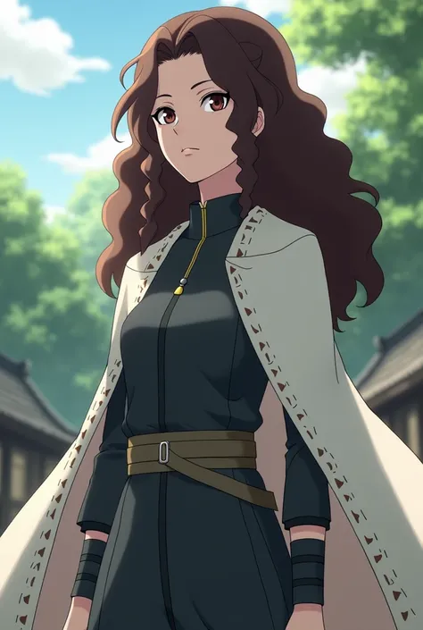 A 30-year-old female character from Boruto and has biakugan from the Hyuuga clan with a dark gray outfit full of details, a white cape with small trim and brown curly hair that hits below her shoulder and the bandana tied around her arm