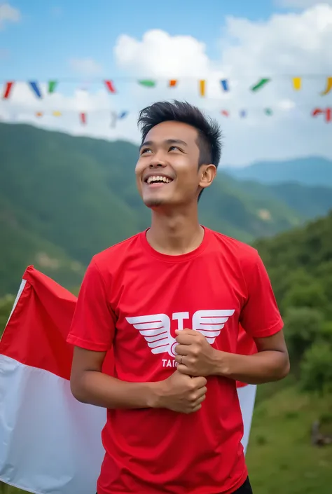 asian man, holding indonesia flag, he so proud,  wearing red and white tshirt, 
