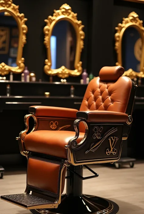 Barber chair with golden scissors in the shape of logo marks