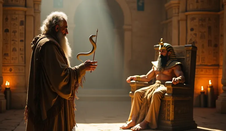  A man with a long beard and slightly long hair wearing old clothes and a coat shows scenes of a stick turning into a snake, and an ancient pharaoh king watches him sitting on his throne.  