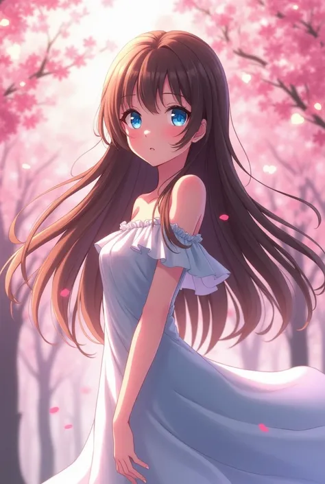 Beautiful Anime Girl with Long Brown Hair, Blue Eyes, Rosy Pale Skin, Pink lips, HourGlass Body Shape.