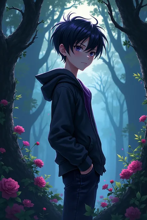 Boy with short black hair and purple highlights, black eyes and white skin, that their facial features are a bit harsh, is a vampire, so he loves the forest. Hes an adult now, that their face is well detailed.
Let it be in 2d or anime