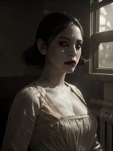 full body masterpiece, ultra realistic, 16k, high quality, incredibly detailed, dream aesthetic, dream atmosphere, cinematic, (sharp focus : 1.5), (photorealistic : 1.3) , a hyperrealistic image of a young, very pale woman with long black hair and black ey...