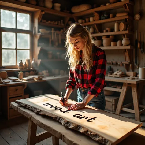 Make a picture of the American singer Taylor Swift in a woodworking workshop, and one of her hands is in the process of writing, which says wood art, the best wood carving test.