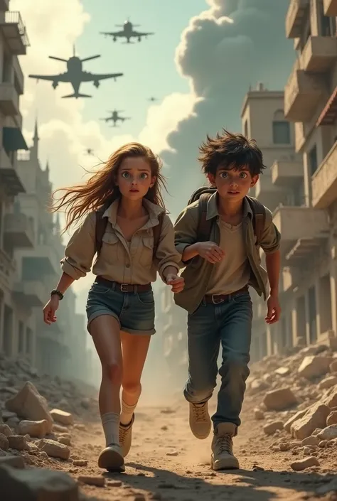 A 18 year old girl and a 18 year old boy running from the warplanes shooting in a city destroyed by war 3D Animation 