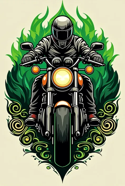 Create a logo for a biker , with stylized designs and the mottu santarem logo, highlight the fortune green colors