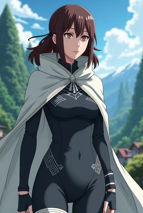 A 30-year-old female character from Boruto with Byakugan eyes, wearing a dark grey outfit full of details., a white cape with small trim and brown curly hair that hits below her shoulder and the bandana tied around her arm