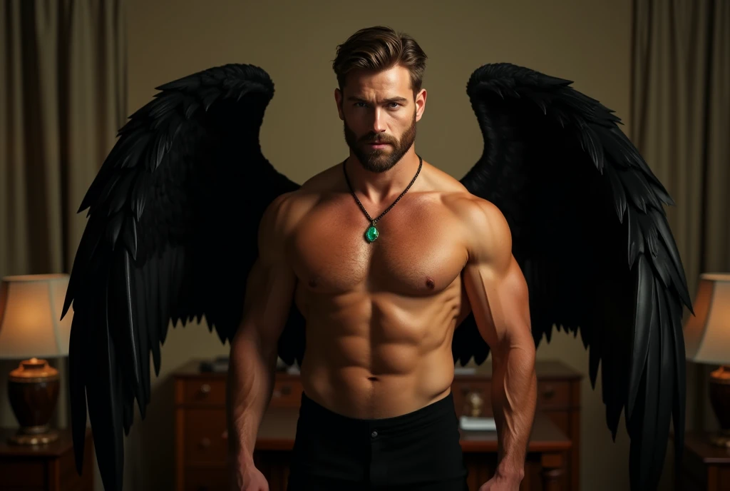 ((masterpiece)) ((4k resolution)) ((Whole body)) 30 year old man, Light brown hair, short hair, eyes the color of honey, bright Eyes, male face, three-day unshaven beard, intense and seductive look,  with angel wings, black wings, spread wings, muscled bod...