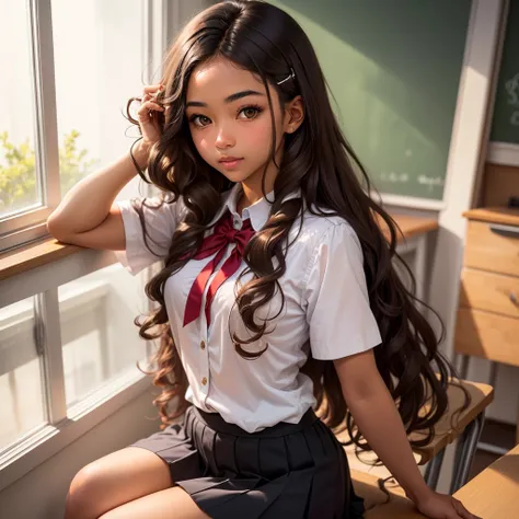 A girl with very long curly hair, dark brown hair with highlights. Light brown eyes, average height, very dark skin with a very beautiful body in a black school uniform. 
