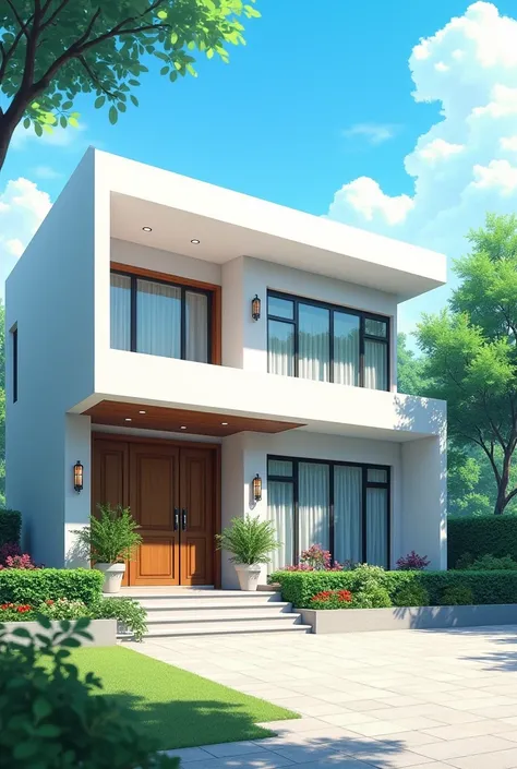 Generate a house in the anime theme, A one-story house, a somewhat wealthy house with wooden doors and windows. The house is white and modern, a large house but only one story. It only has one floor. 