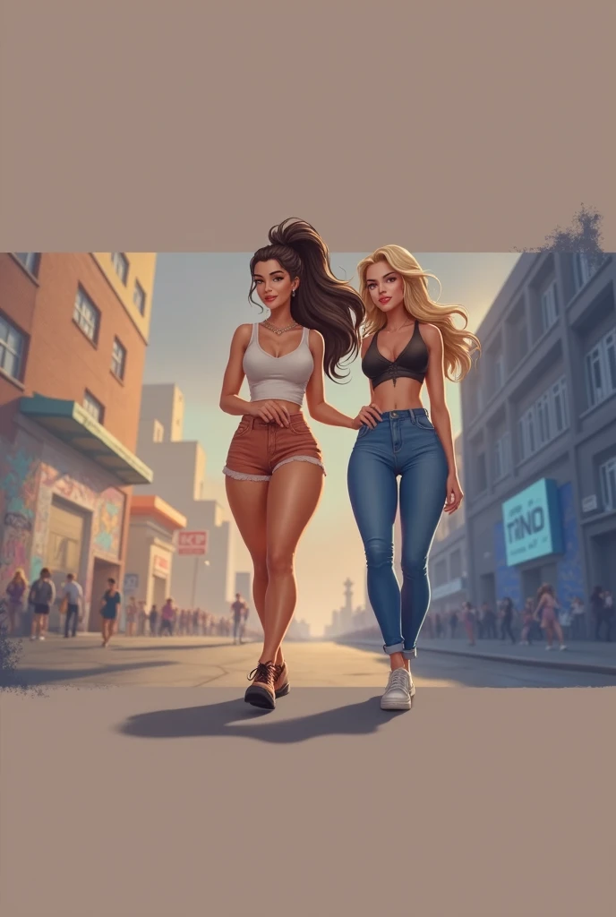 Latina brunette large breasts large hips toned legs. In an urban environment of the city. casual clothes. In the city with a blonde girl. 