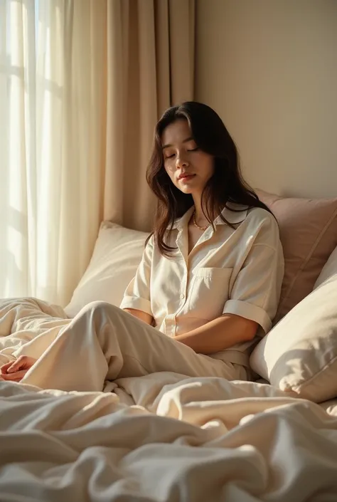 A slightly thin Indonesian woman is not wearing revealing clothing in bed.